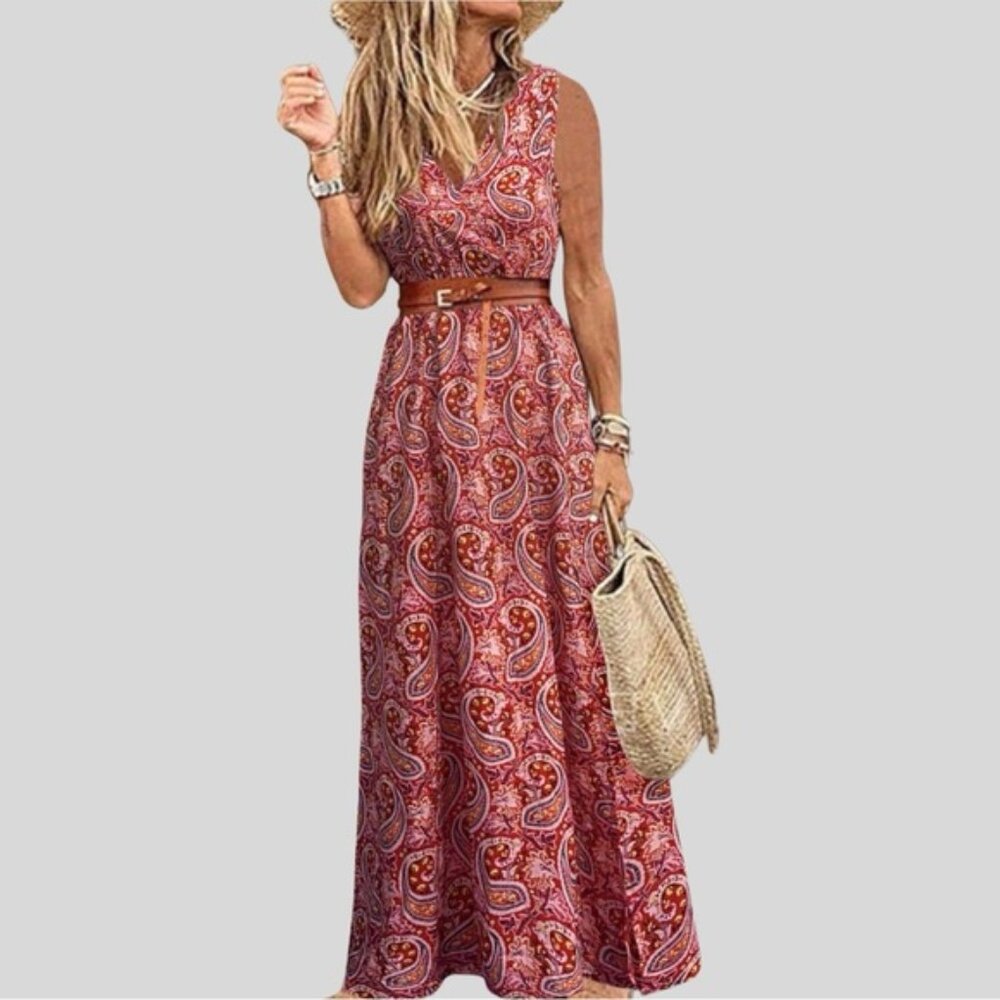 Boho A-Line Paisley Maxi Dress Red - Picture 1 of 5